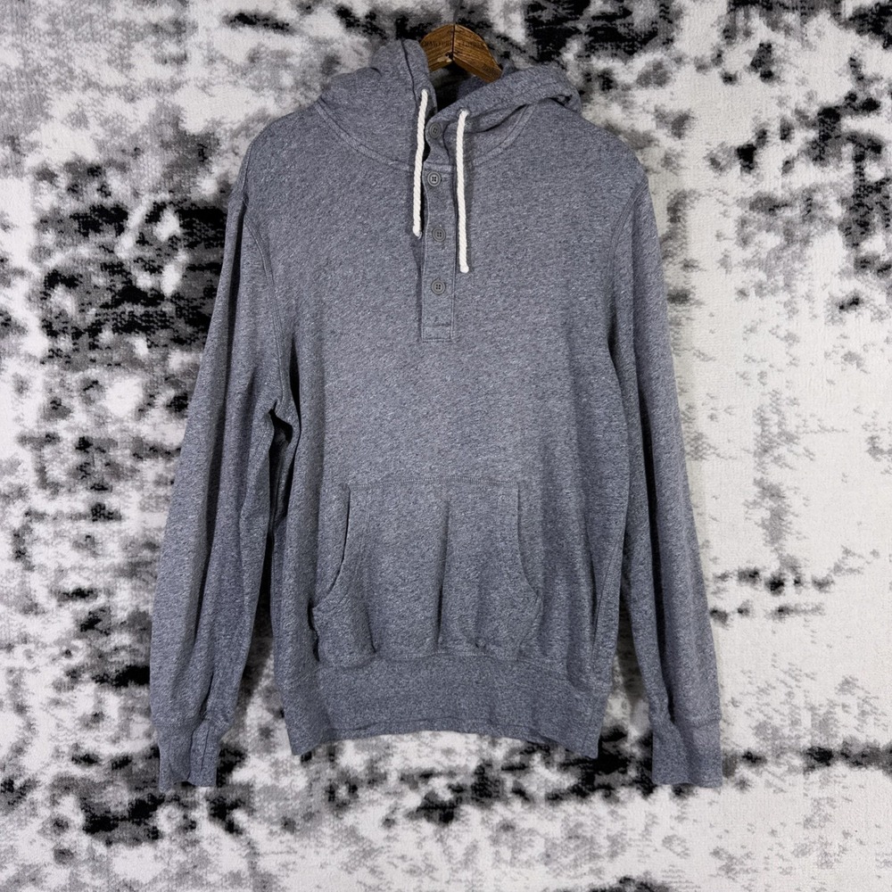 J Crew Knit Goods Hoodie‎ Mens Size Small Gray Drawstring Button Neck Lounge